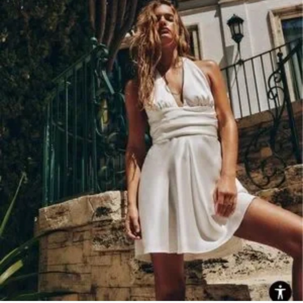 Zara NWT champagne color satin feel halter dress with belt bow size Small